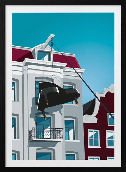 A graphic illustration of a black grand piano being hoisted up the side of a gray Amsterdam-style building with a red roof, using a pulley system attached to the gable. The scene is set against a clear, bright blue sky. Artwork