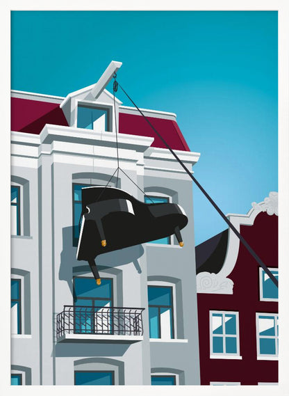 A graphic illustration of a black grand piano being hoisted up the side of a gray Amsterdam-style building with a red roof, using a pulley system attached to the gable. The scene is set against a clear, bright blue sky. Artwork