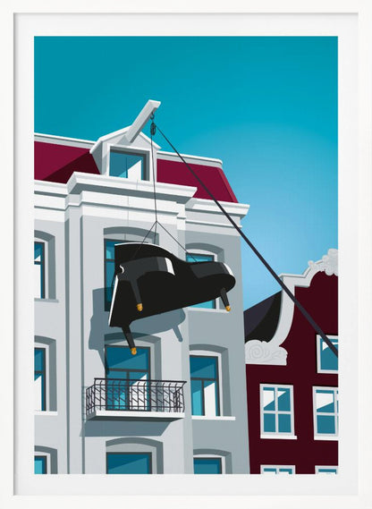 A graphic illustration of a black grand piano being hoisted up the side of a gray Amsterdam-style building with a red roof, using a pulley system attached to the gable. The scene is set against a clear, bright blue sky. Artwork