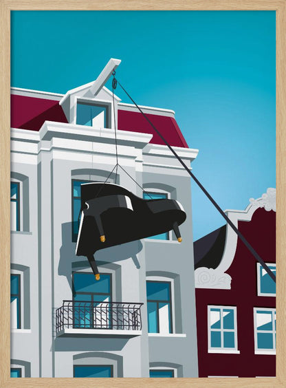 A graphic illustration of a black grand piano being hoisted up the side of a gray Amsterdam-style building with a red roof, using a pulley system attached to the gable. The scene is set against a clear, bright blue sky. Artwork
