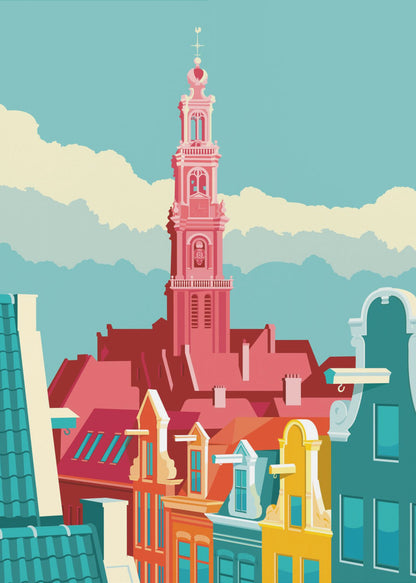 A graphic illustration of an Amsterdam city scene, featuring colorful canal houses in the foreground and the prominent pink tower of the Westerkerk church against a light blue sky with stylized clouds. Decor