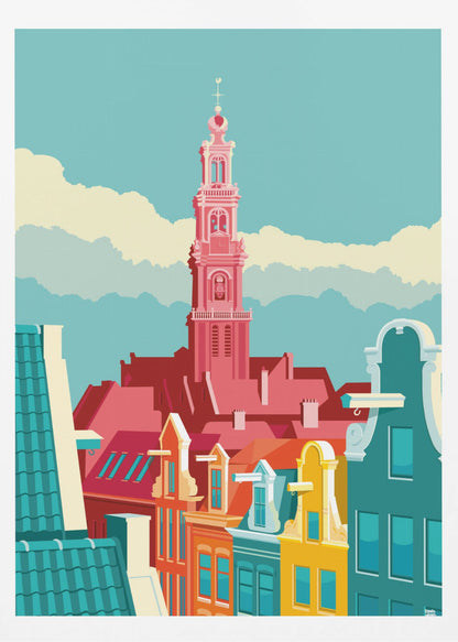 A graphic illustration of an Amsterdam city scene, featuring colorful canal houses in the foreground and the prominent pink tower of the Westerkerk church against a light blue sky with stylized clouds. Decor