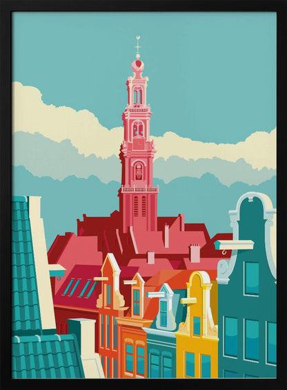 A graphic illustration of an Amsterdam city scene, featuring colorful canal houses in the foreground and the prominent pink tower of the Westerkerk church against a light blue sky with stylized clouds. Decor