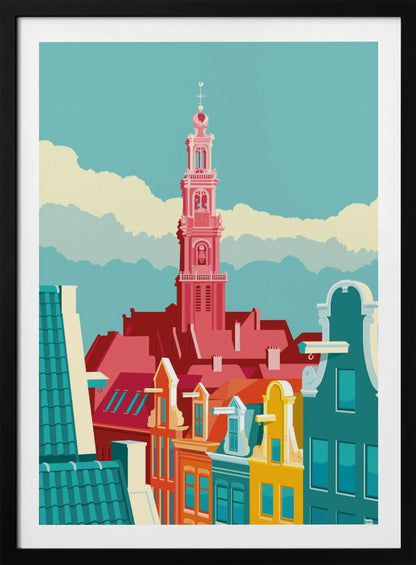 A graphic illustration of an Amsterdam city scene, featuring colorful canal houses in the foreground and the prominent pink tower of the Westerkerk church against a light blue sky with stylized clouds. Decor