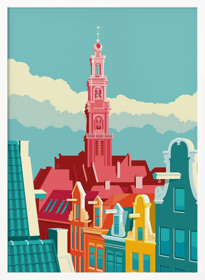 A graphic illustration of an Amsterdam city scene, featuring colorful canal houses in the foreground and the prominent pink tower of the Westerkerk church against a light blue sky with stylized clouds. Decor