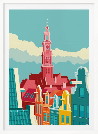 A graphic illustration of an Amsterdam city scene, featuring colorful canal houses in the foreground and the prominent pink tower of the Westerkerk church against a light blue sky with stylized clouds. Decor
