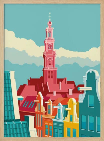 A graphic illustration of an Amsterdam city scene, featuring colorful canal houses in the foreground and the prominent pink tower of the Westerkerk church against a light blue sky with stylized clouds. Decor