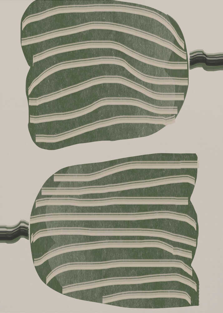 A framed abstract artwork featuring two large, organic, blob-like shapes stacked vertically. The shapes are dark green with wavy, horizontal cream-colored stripes. They are set against a solid cream background, with thin, distorted lines extending from the sides of each shape. Decor