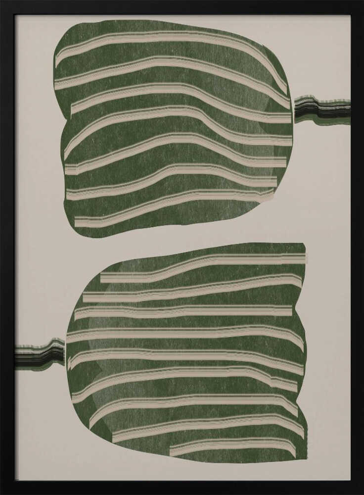A framed abstract artwork featuring two large, organic, blob-like shapes stacked vertically. The shapes are dark green with wavy, horizontal cream-colored stripes. They are set against a solid cream background, with thin, distorted lines extending from the sides of each shape. Decor