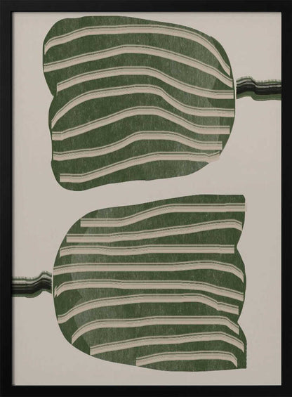 A framed abstract artwork featuring two large, organic, blob-like shapes stacked vertically. The shapes are dark green with wavy, horizontal cream-colored stripes. They are set against a solid cream background, with thin, distorted lines extending from the sides of each shape. Decor
