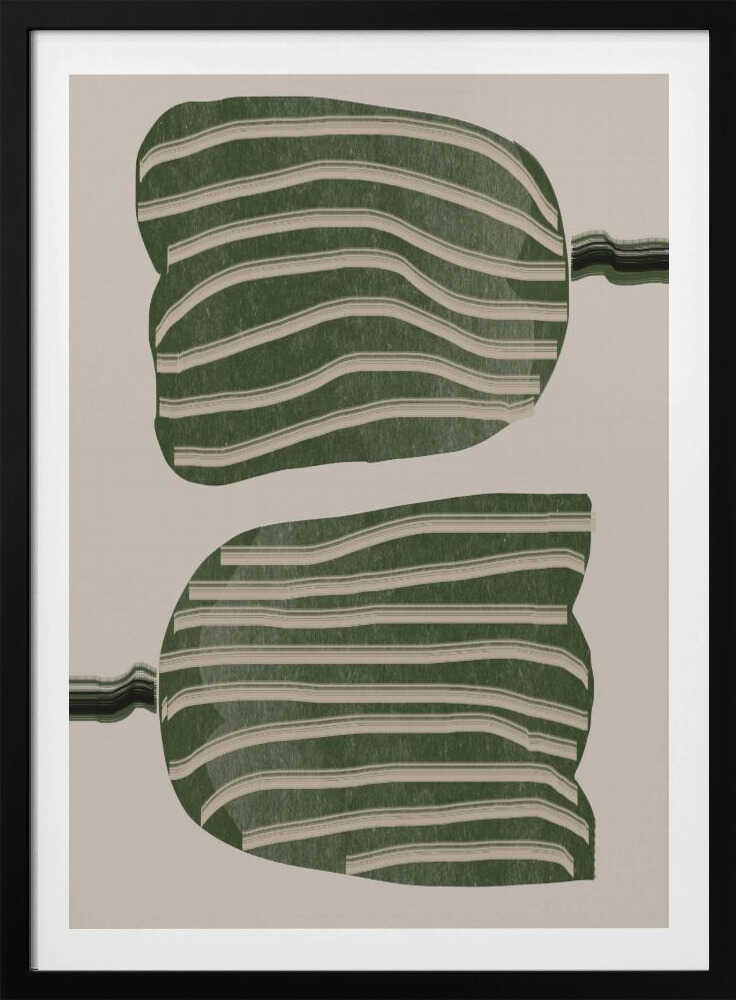 A framed abstract artwork featuring two large, organic, blob-like shapes stacked vertically. The shapes are dark green with wavy, horizontal cream-colored stripes. They are set against a solid cream background, with thin, distorted lines extending from the sides of each shape. Decor