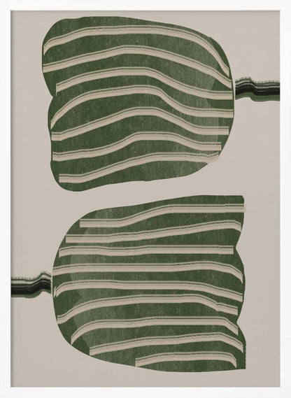 A framed abstract artwork featuring two large, organic, blob-like shapes stacked vertically. The shapes are dark green with wavy, horizontal cream-colored stripes. They are set against a solid cream background, with thin, distorted lines extending from the sides of each shape. Decor