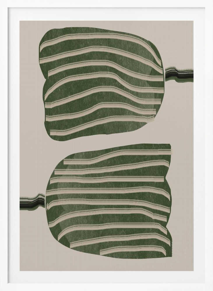A framed abstract artwork featuring two large, organic, blob-like shapes stacked vertically. The shapes are dark green with wavy, horizontal cream-colored stripes. They are set against a solid cream background, with thin, distorted lines extending from the sides of each shape. Decor