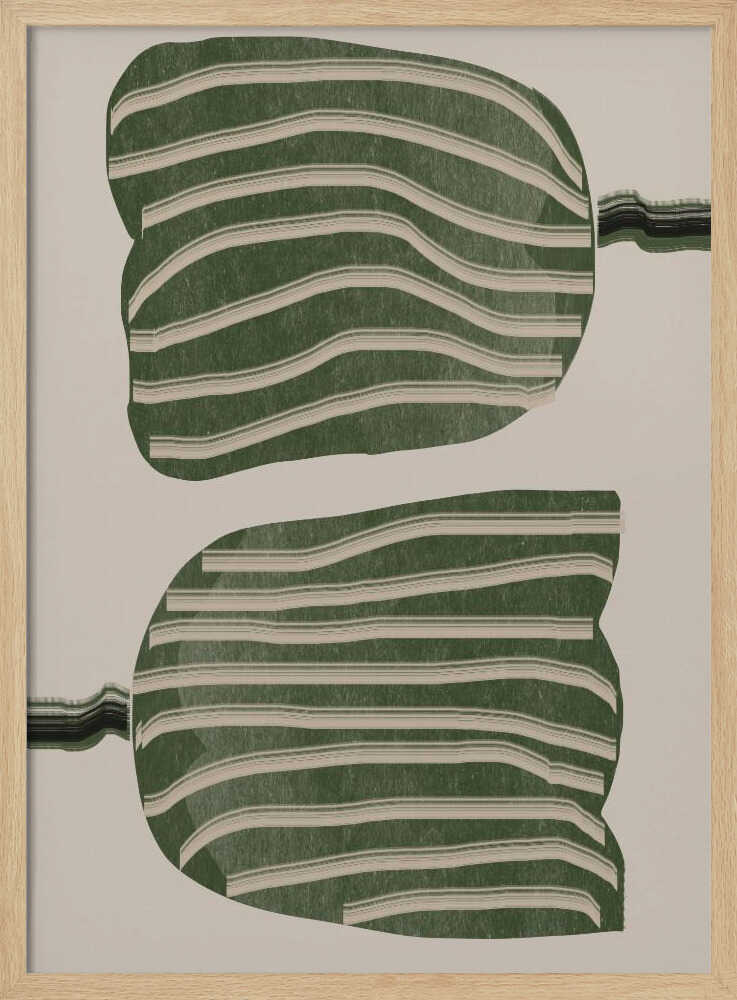 A framed abstract artwork featuring two large, organic, blob-like shapes stacked vertically. The shapes are dark green with wavy, horizontal cream-colored stripes. They are set against a solid cream background, with thin, distorted lines extending from the sides of each shape. Decor