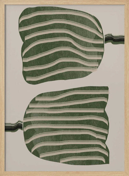 A framed abstract artwork featuring two large, organic, blob-like shapes stacked vertically. The shapes are dark green with wavy, horizontal cream-colored stripes. They are set against a solid cream background, with thin, distorted lines extending from the sides of each shape. Decor