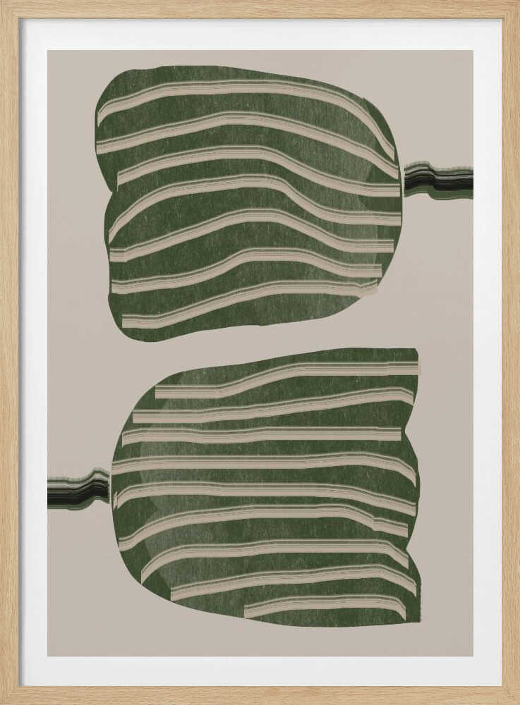 A framed abstract artwork featuring two large, organic, blob-like shapes stacked vertically. The shapes are dark green with wavy, horizontal cream-colored stripes. They are set against a solid cream background, with thin, distorted lines extending from the sides of each shape. Decor