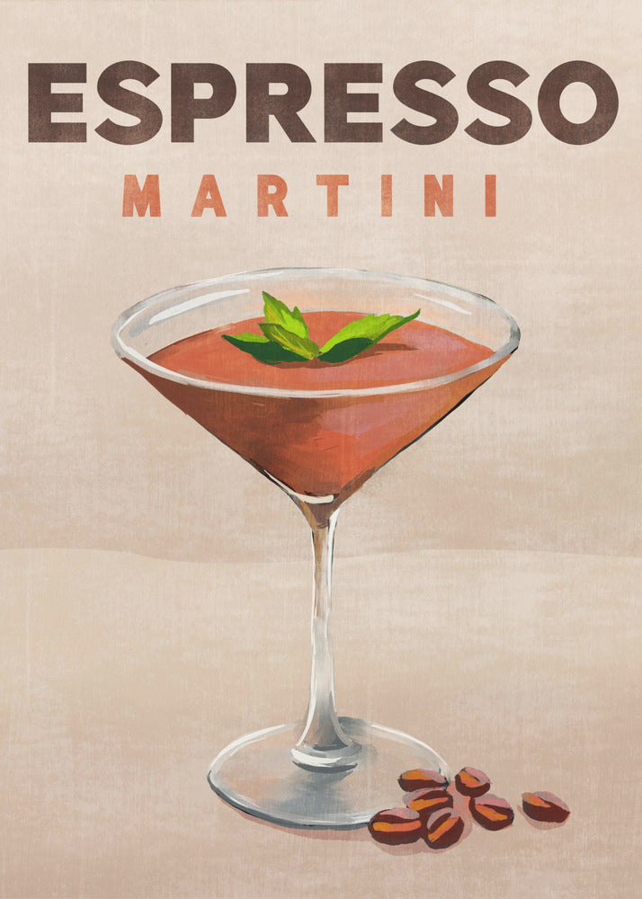 A vintage-style poster of an Espresso Martini. The illustration shows a reddish-brown cocktail in a martini glass, garnished with mint leaves, with coffee beans at the base. The text 'ESPRESSO MARTINI' is at the top against a tan background, all within a black frame. Wall Art