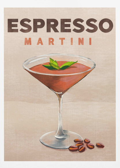 A vintage-style poster of an Espresso Martini. The illustration shows a reddish-brown cocktail in a martini glass, garnished with mint leaves, with coffee beans at the base. The text 'ESPRESSO MARTINI' is at the top against a tan background, all within a black frame. Wall Art