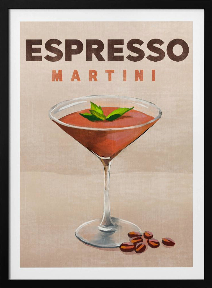 A vintage-style poster of an Espresso Martini. The illustration shows a reddish-brown cocktail in a martini glass, garnished with mint leaves, with coffee beans at the base. The text 'ESPRESSO MARTINI' is at the top against a tan background, all within a black frame. Wall Art
