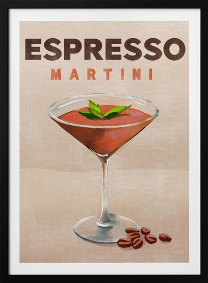 A vintage-style poster of an Espresso Martini. The illustration shows a reddish-brown cocktail in a martini glass, garnished with mint leaves, with coffee beans at the base. The text 'ESPRESSO MARTINI' is at the top against a tan background, all within a black frame. Wall Art