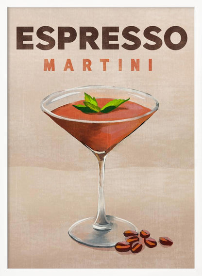 A vintage-style poster of an Espresso Martini. The illustration shows a reddish-brown cocktail in a martini glass, garnished with mint leaves, with coffee beans at the base. The text 'ESPRESSO MARTINI' is at the top against a tan background, all within a black frame. Wall Art