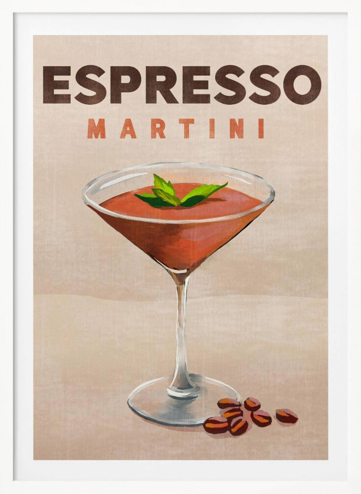 A vintage-style poster of an Espresso Martini. The illustration shows a reddish-brown cocktail in a martini glass, garnished with mint leaves, with coffee beans at the base. The text 'ESPRESSO MARTINI' is at the top against a tan background, all within a black frame. Wall Art