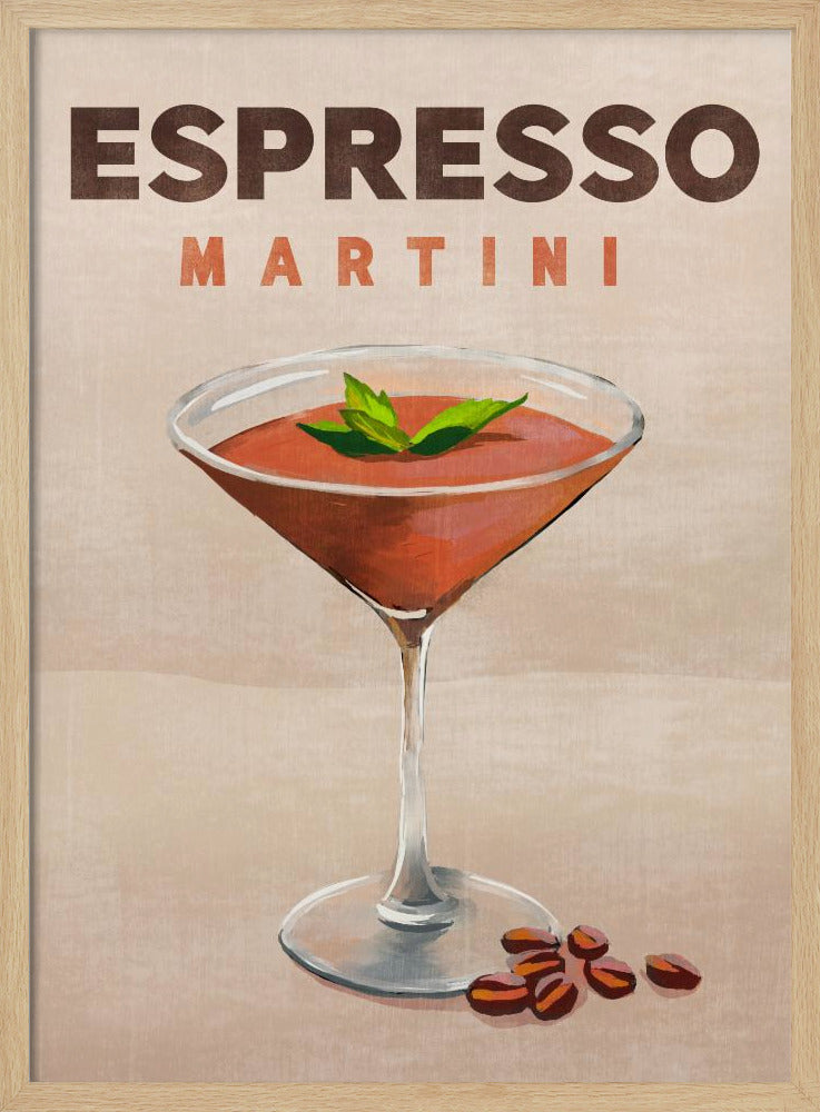 A vintage-style poster of an Espresso Martini. The illustration shows a reddish-brown cocktail in a martini glass, garnished with mint leaves, with coffee beans at the base. The text 'ESPRESSO MARTINI' is at the top against a tan background, all within a black frame. Wall Art