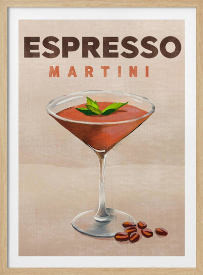 A vintage-style poster of an Espresso Martini. The illustration shows a reddish-brown cocktail in a martini glass, garnished with mint leaves, with coffee beans at the base. The text 'ESPRESSO MARTINI' is at the top against a tan background, all within a black frame. Wall Art