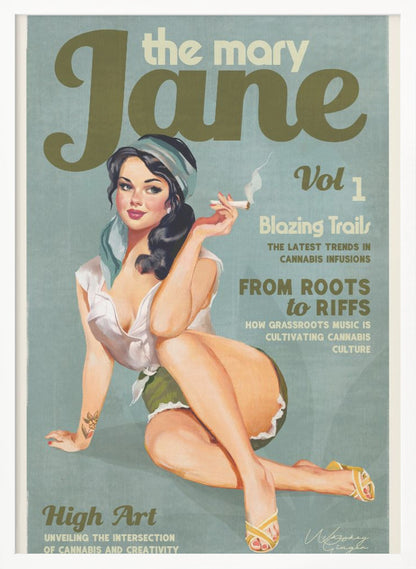 A retro-style poster designed as a magazine cover for 'the mary Jane, Vol 1'. It features a pin-up illustration of a woman with dark hair and a blue headscarf, smiling as she holds a lit cigarette. The cover includes article titles related to cannabis culture. Decor