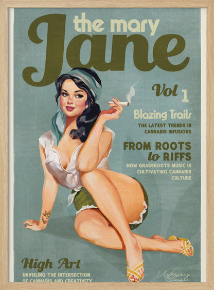 A retro-style poster designed as a magazine cover for 'the mary Jane, Vol 1'. It features a pin-up illustration of a woman with dark hair and a blue headscarf, smiling as she holds a lit cigarette. The cover includes article titles related to cannabis culture. Decor