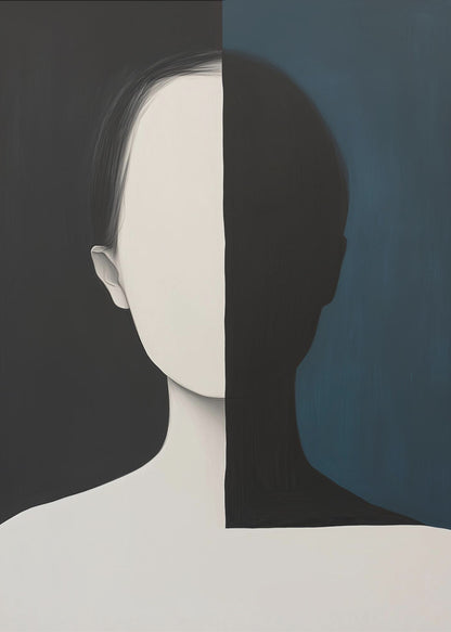 A modern art painting of a faceless person from the chest up, split vertically down the center. The left side features the figure in off-white against a solid black background, while the right side shows the figure as a black silhouette against a dark teal background, creating a strong contrast of light and shadow. Wall Art