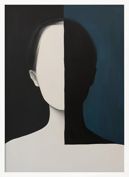A modern art painting of a faceless person from the chest up, split vertically down the center. The left side features the figure in off-white against a solid black background, while the right side shows the figure as a black silhouette against a dark teal background, creating a strong contrast of light and shadow. Wall Art