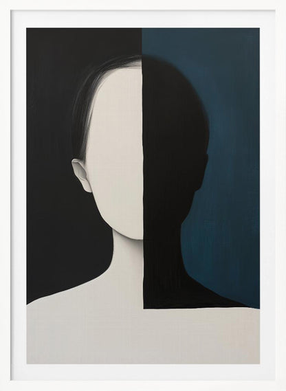 A modern art painting of a faceless person from the chest up, split vertically down the center. The left side features the figure in off-white against a solid black background, while the right side shows the figure as a black silhouette against a dark teal background, creating a strong contrast of light and shadow. Wall Art