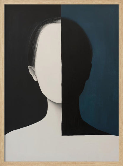 A modern art painting of a faceless person from the chest up, split vertically down the center. The left side features the figure in off-white against a solid black background, while the right side shows the figure as a black silhouette against a dark teal background, creating a strong contrast of light and shadow. Wall Art