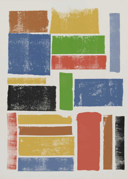 An abstract art piece featuring a collection of textured, rectangular blocks of various colors and sizes on an off-white background, all within a black frame. The colors include primary shades of blue, yellow, and red, along with green, black, and brown, arranged in a non-uniform grid. Wall Art