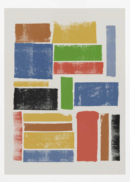An abstract art piece featuring a collection of textured, rectangular blocks of various colors and sizes on an off-white background, all within a black frame. The colors include primary shades of blue, yellow, and red, along with green, black, and brown, arranged in a non-uniform grid. Wall Art