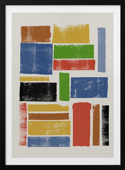 An abstract art piece featuring a collection of textured, rectangular blocks of various colors and sizes on an off-white background, all within a black frame. The colors include primary shades of blue, yellow, and red, along with green, black, and brown, arranged in a non-uniform grid. Wall Art