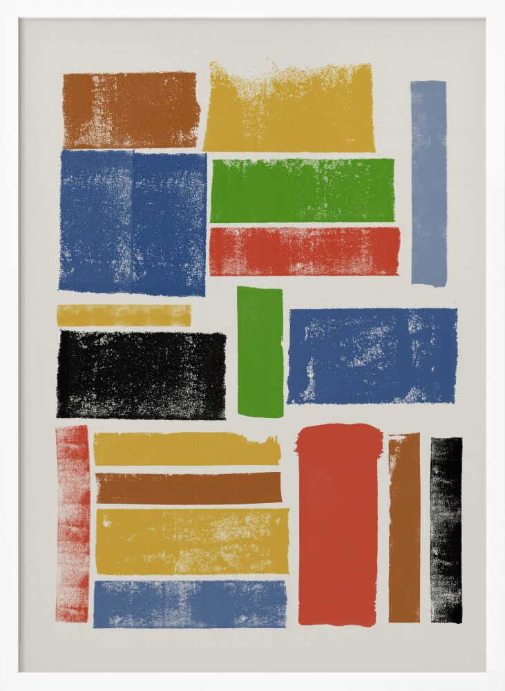 An abstract art piece featuring a collection of textured, rectangular blocks of various colors and sizes on an off-white background, all within a black frame. The colors include primary shades of blue, yellow, and red, along with green, black, and brown, arranged in a non-uniform grid. Wall Art