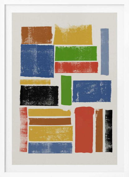 An abstract art piece featuring a collection of textured, rectangular blocks of various colors and sizes on an off-white background, all within a black frame. The colors include primary shades of blue, yellow, and red, along with green, black, and brown, arranged in a non-uniform grid. Wall Art