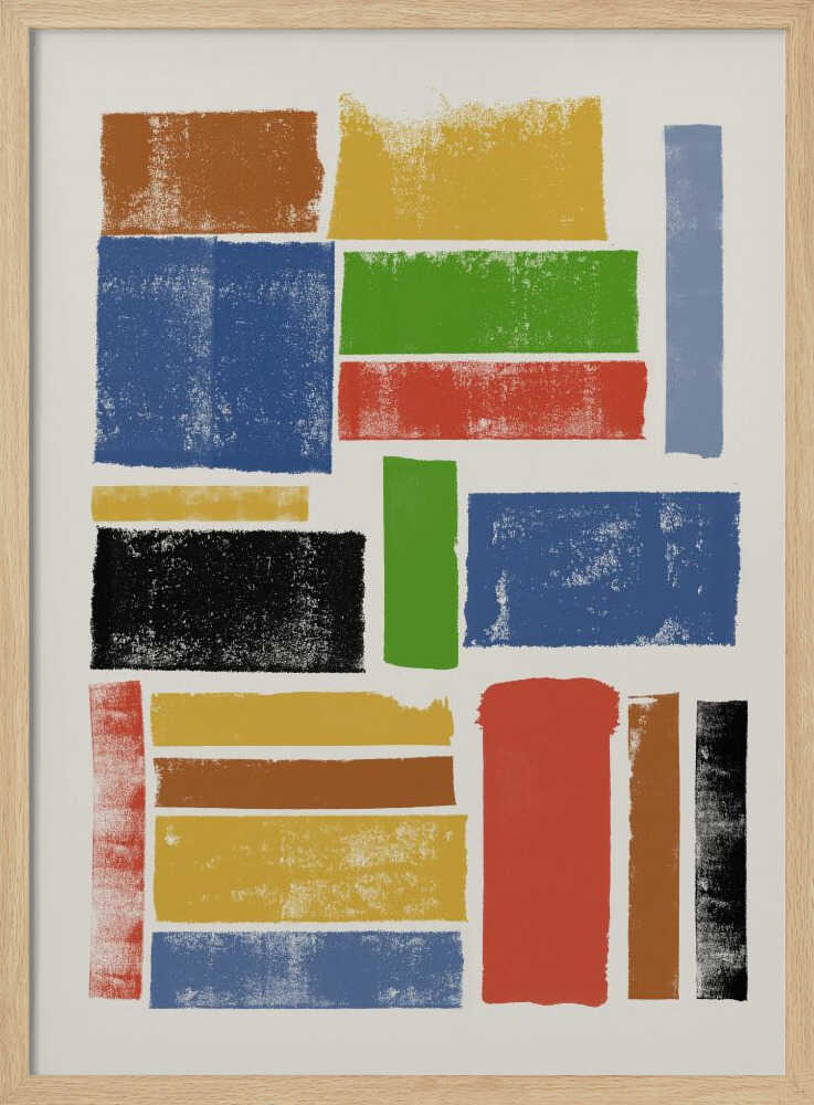 An abstract art piece featuring a collection of textured, rectangular blocks of various colors and sizes on an off-white background, all within a black frame. The colors include primary shades of blue, yellow, and red, along with green, black, and brown, arranged in a non-uniform grid. Wall Art