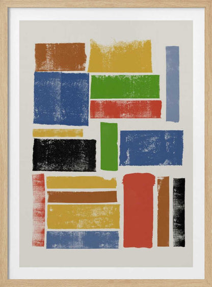 An abstract art piece featuring a collection of textured, rectangular blocks of various colors and sizes on an off-white background, all within a black frame. The colors include primary shades of blue, yellow, and red, along with green, black, and brown, arranged in a non-uniform grid. Wall Art
