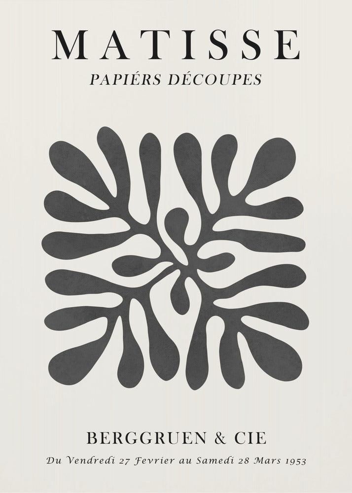 A framed black and white exhibition poster for Matisse's 'Papiers Découpés' at Berggruen & Cie in 1953. The poster features a central abstract black cutout shape resembling a sea plant on an off-white background with black serif typography. Poster