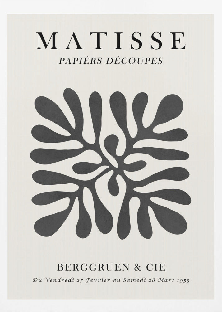 A framed black and white exhibition poster for Matisse's 'Papiers Découpés' at Berggruen & Cie in 1953. The poster features a central abstract black cutout shape resembling a sea plant on an off-white background with black serif typography. Poster