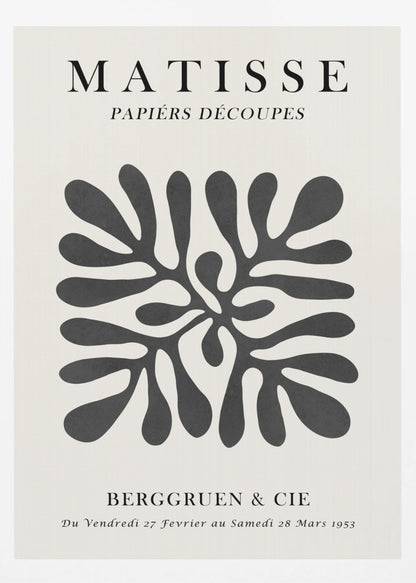 A framed black and white exhibition poster for Matisse's 'Papiers Découpés' at Berggruen & Cie in 1953. The poster features a central abstract black cutout shape resembling a sea plant on an off-white background with black serif typography. Poster
