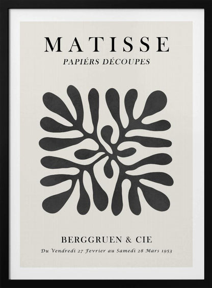 A framed black and white exhibition poster for Matisse's 'Papiers Découpés' at Berggruen & Cie in 1953. The poster features a central abstract black cutout shape resembling a sea plant on an off-white background with black serif typography. Poster