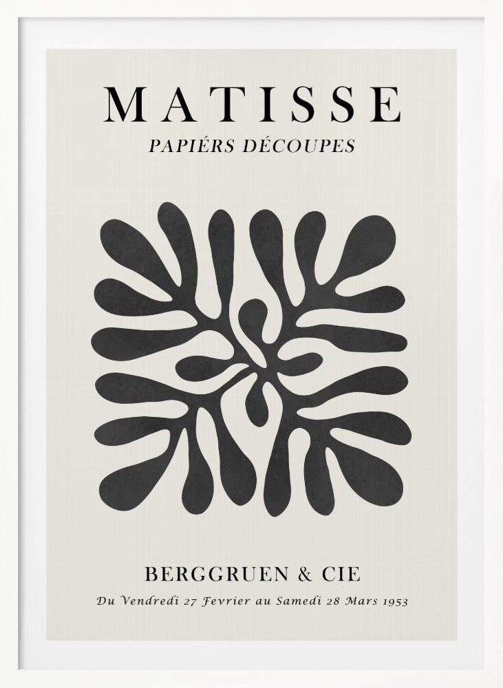 A framed black and white exhibition poster for Matisse's 'Papiers Découpés' at Berggruen & Cie in 1953. The poster features a central abstract black cutout shape resembling a sea plant on an off-white background with black serif typography. Poster