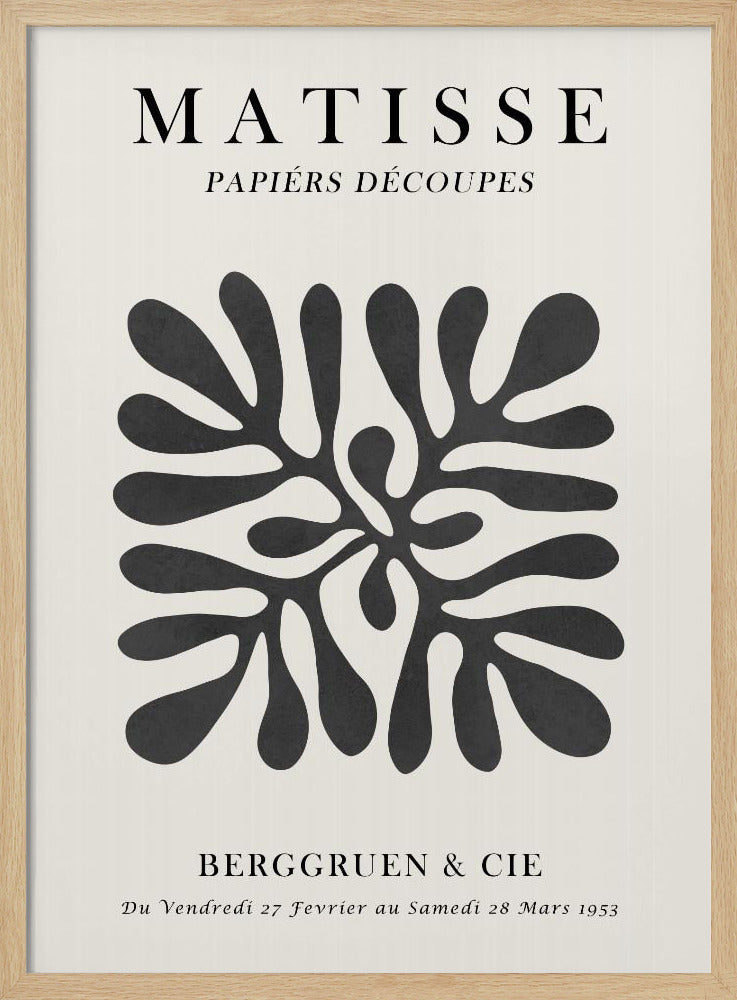 A framed black and white exhibition poster for Matisse's 'Papiers Découpés' at Berggruen & Cie in 1953. The poster features a central abstract black cutout shape resembling a sea plant on an off-white background with black serif typography. Poster