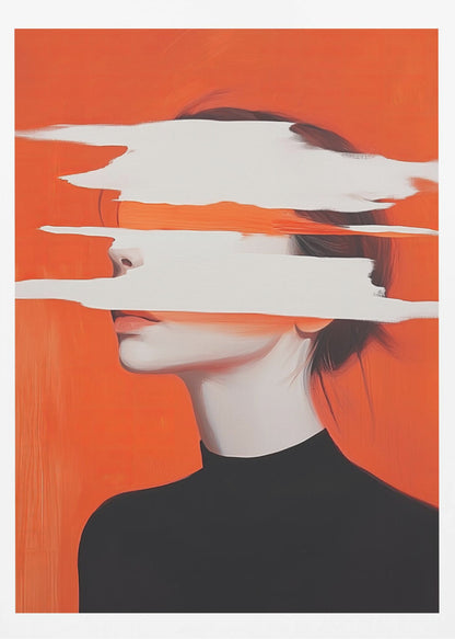 Abstract portrait of a woman in a black turtleneck against a vibrant orange background. Her face is obscured by thick, horizontal white brushstrokes, revealing only parts of her nose and lips. Artwork