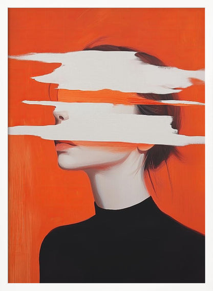 Abstract portrait of a woman in a black turtleneck against a vibrant orange background. Her face is obscured by thick, horizontal white brushstrokes, revealing only parts of her nose and lips. Artwork