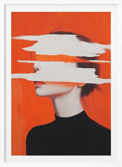 Abstract portrait of a woman in a black turtleneck against a vibrant orange background. Her face is obscured by thick, horizontal white brushstrokes, revealing only parts of her nose and lips. Artwork